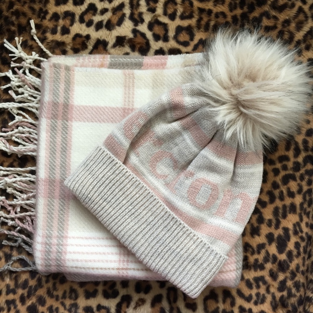 Abercrombie & Fitch Pink Logo Beanie Hat and Plaid Scarf
